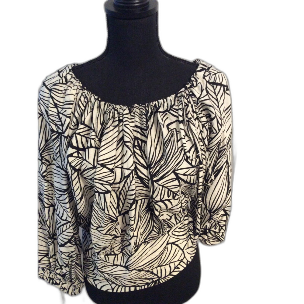 Black White Abstract Tie Back Top Verxy USA 1X Leaf Pattern